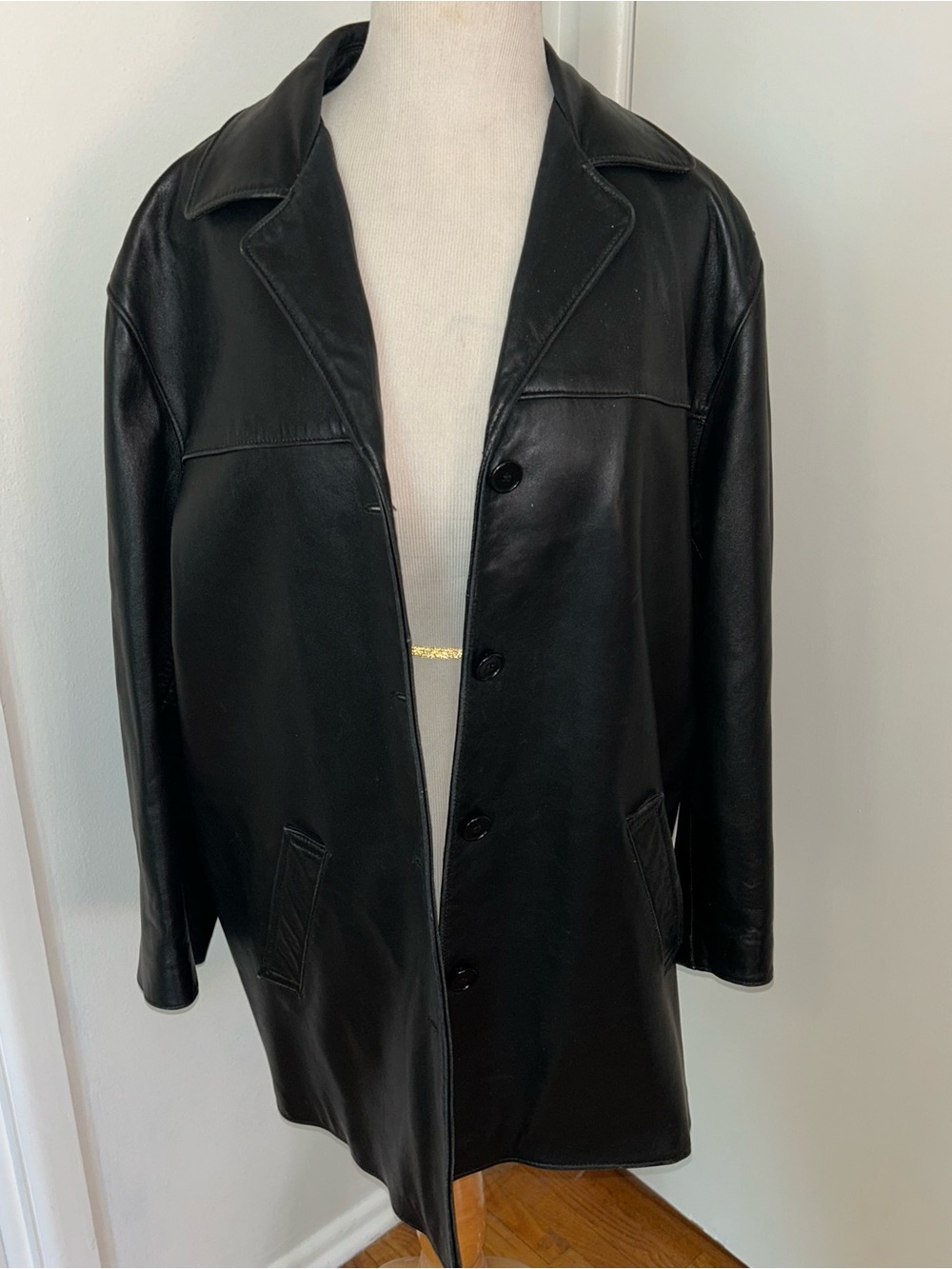 Classic Black Leather Unisex Coat - Sleek Button Front Size Large